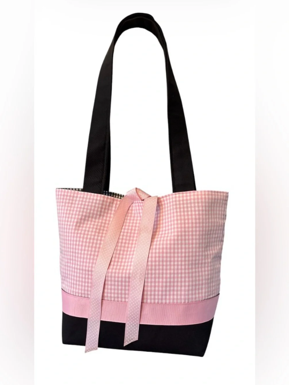 Pink Gingham Tote Bag. Black Straps. Ribbon Accent.  Lined.  Snap Closure.